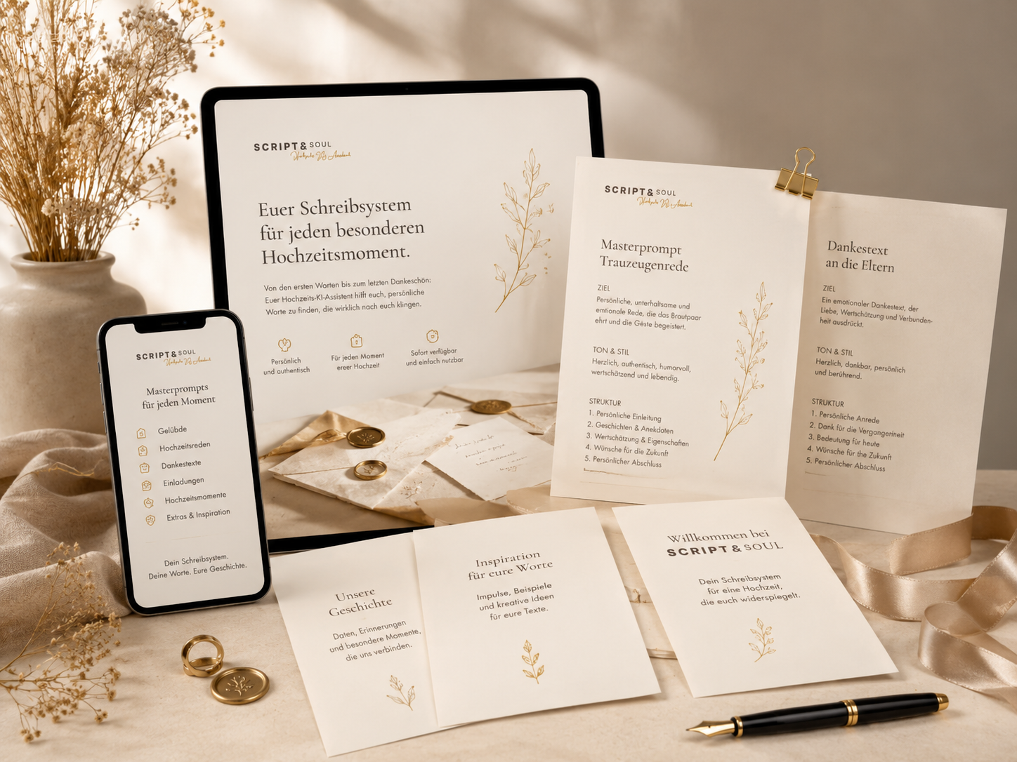 SCRIPT & SOUL — Hochzeits-KI-Assistent, Premium-Mockup auf Tablet, Smartphone und losen Editorial-Dokumenten
